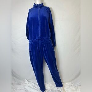 Vtg Essential Elements Womens Zip Up Velour Jumpsuit Size M Blue Long Sleeve Y2K